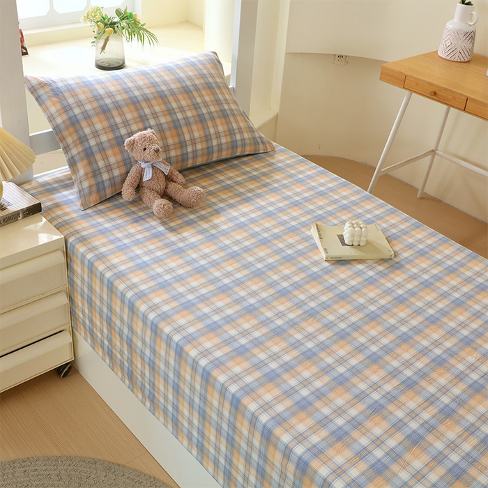 91家纺网 家纺一手货源 找家纺 春皖家纺 2025新款学生季全棉纯棉色织AB版水洗棉单品系列-单床单 床单单件 翠竹-蓝格