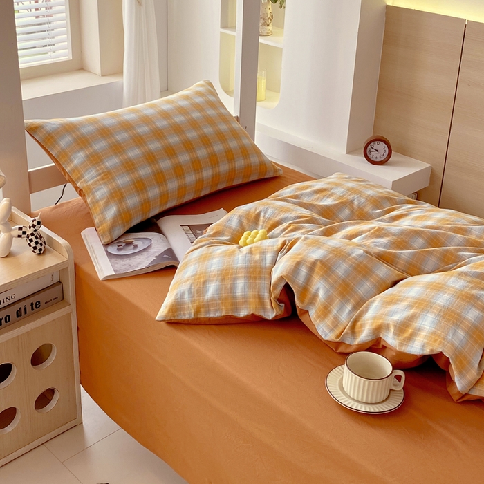 91家纺网 家纺一手货源 找家纺 春皖家纺 2025春夏新款AB版全棉纯棉色织水洗棉学生三件套六件套 素雅-沐夏