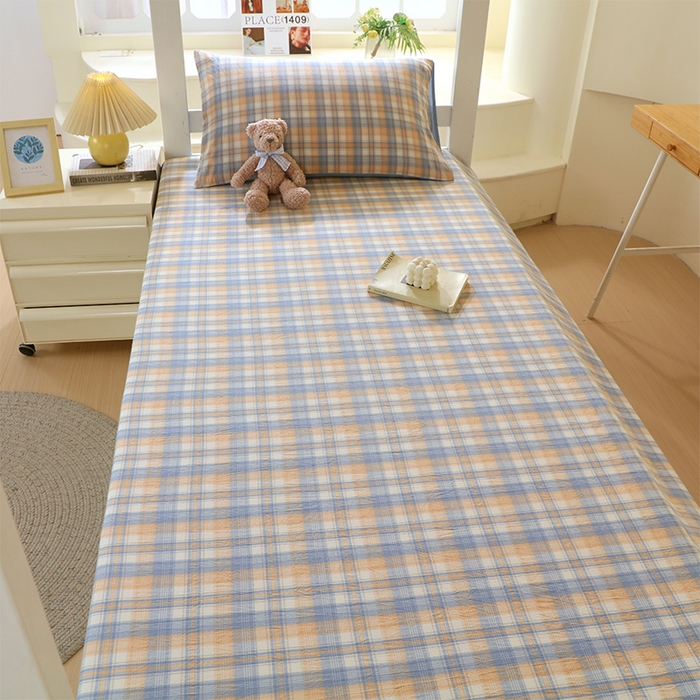 91家纺网 家纺一手货源 找家纺 春皖家纺 2025新款学生季全棉纯棉色织AB版水洗棉单品系列-单床单 床单单件 翠竹-蓝格