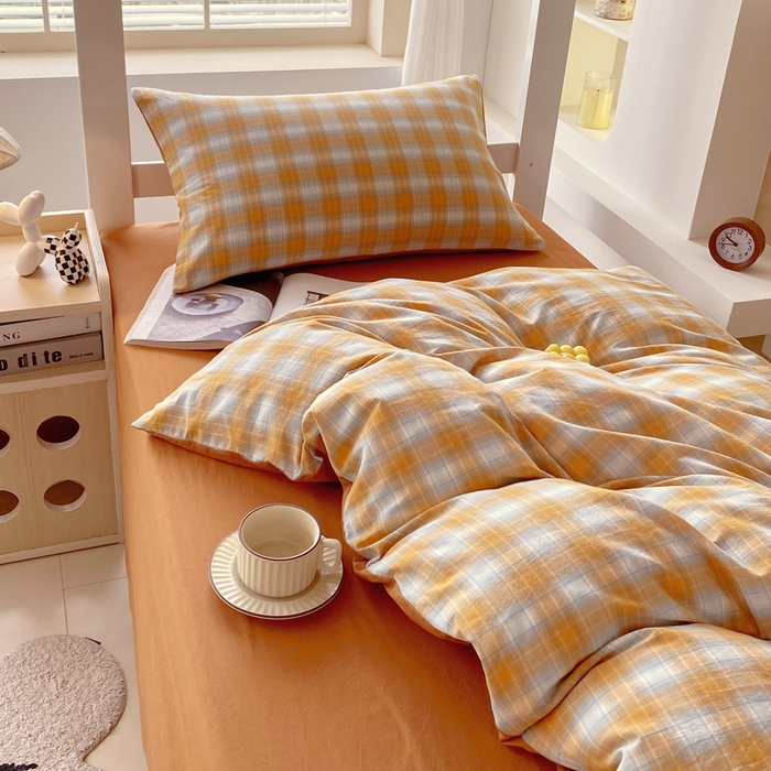 91家纺网 家纺一手货源 找家纺 春皖家纺 2025春夏新款AB版全棉纯棉色织水洗棉学生三件套六件套 素雅-沐夏