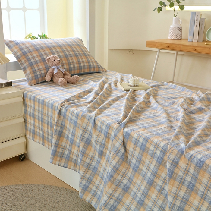 91家纺网 家纺一手货源 找家纺 春皖家纺 2025新款学生季全棉纯棉色织AB版水洗棉单品系列-单床单 床单单件 翠竹-蓝格