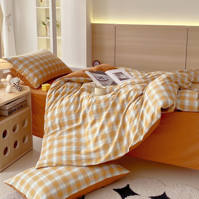 91家纺网 家纺一手货源 找家纺 春皖家纺 2025春夏新款AB版全棉纯棉色织水洗棉学生三件套六件套 素雅-沐夏