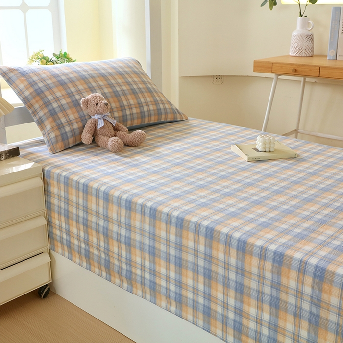 91家纺网 家纺一手货源 找家纺 春皖家纺 2025新款学生季全棉纯棉色织AB版水洗棉单品系列-单床单 床单单件 翠竹-蓝格