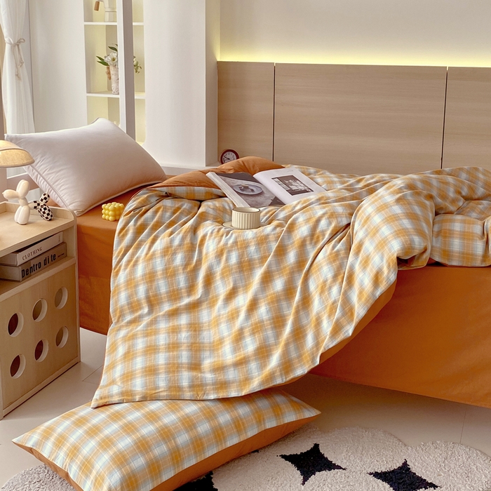 91家纺网 家纺一手货源 找家纺 春皖家纺 2025春夏新款AB版全棉纯棉色织水洗棉学生三件套六件套 素雅-沐夏