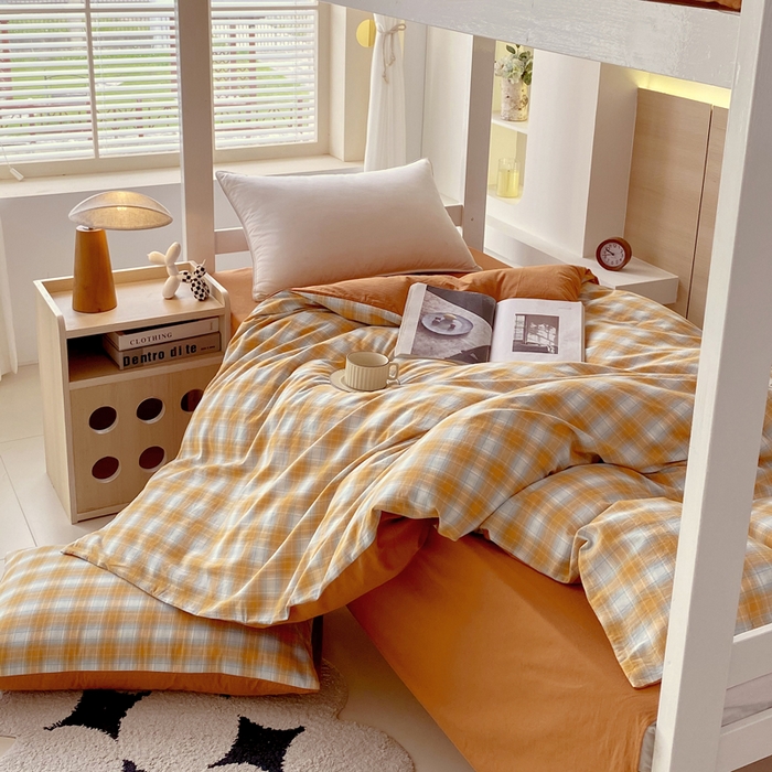 91家纺网 家纺一手货源 找家纺 春皖家纺 2025春夏新款AB版全棉纯棉色织水洗棉学生三件套六件套 素雅-沐夏