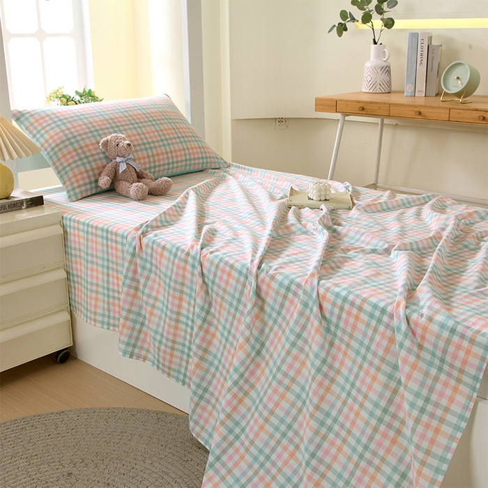 91家纺网 家纺一手货源 找家纺 春皖家纺 2025新款学生季全棉纯棉色织AB版水洗棉单品系列-单床单 床单单件 翠竹-绿格