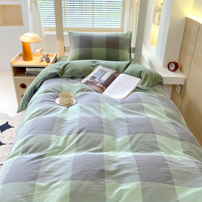 91家纺网 家纺一手货源 找家纺 春皖家纺 2025春夏新款AB版全棉纯棉色织水洗棉学生三件套六件套 素雅-清格