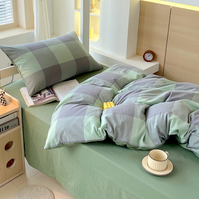 91家纺网 家纺一手货源 找家纺 春皖家纺 2025春夏新款AB版全棉纯棉色织水洗棉学生三件套六件套 素雅-清格