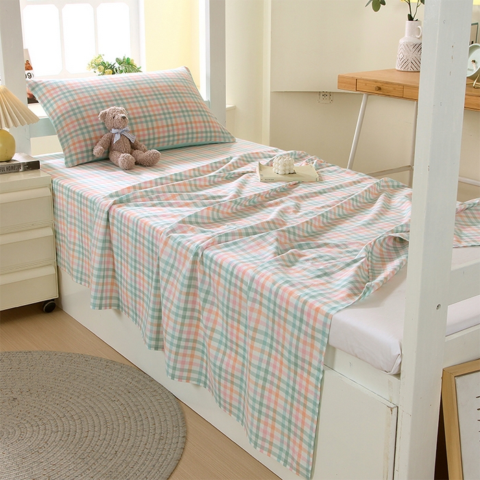 91家纺网 家纺一手货源 找家纺 春皖家纺 2025新款学生季全棉纯棉色织AB版水洗棉单品系列-单床单 床单单件 翠竹-绿格