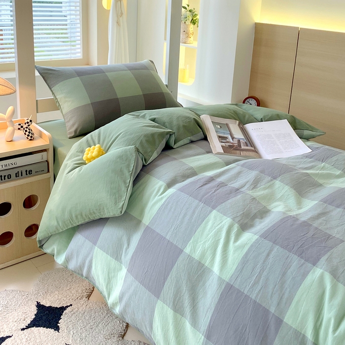 91家纺网 家纺一手货源 找家纺 春皖家纺 2025春夏新款AB版全棉纯棉色织水洗棉学生三件套六件套 素雅-清格