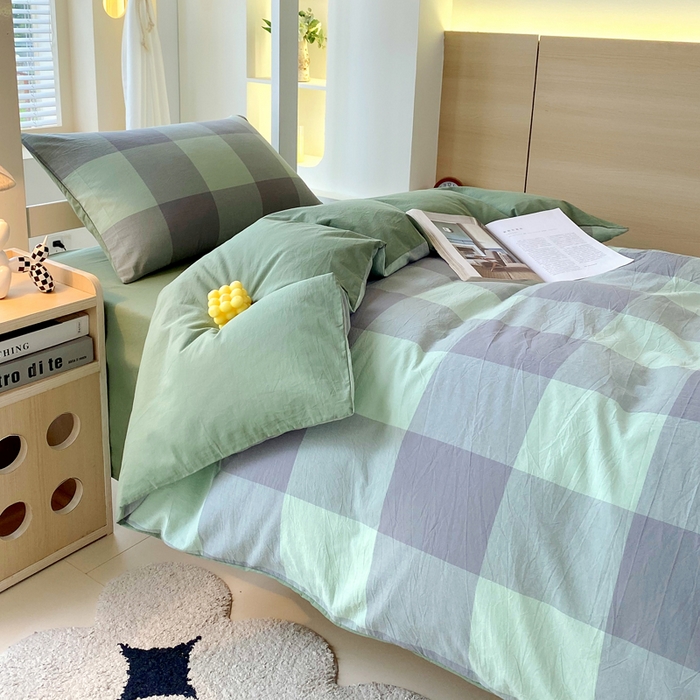 91家纺网 家纺一手货源 找家纺 春皖家纺 2025春夏新款AB版全棉纯棉色织水洗棉学生三件套六件套 素雅-清格