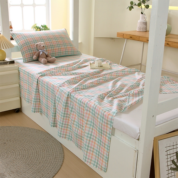 91家纺网 家纺一手货源 找家纺 春皖家纺 2025新款学生季全棉纯棉色织AB版水洗棉单品系列-单床单 床单单件 翠竹-绿格