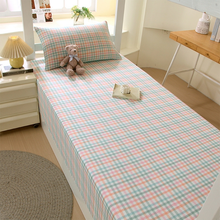 91家纺网 家纺一手货源 找家纺 春皖家纺 2025新款学生季全棉纯棉色织AB版水洗棉单品系列-单床单 床单单件 翠竹-绿格