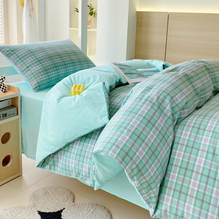 91家纺网 家纺一手货源 找家纺 春皖家纺 2025春夏新款AB版全棉纯棉色织水洗棉学生三件套六件套 素雅-情调