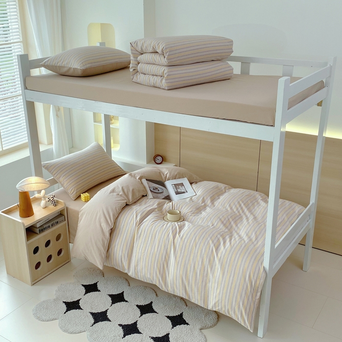 春皖家纺 2025春夏新款AB版全棉纯棉色织水洗棉学生三件套六件套 素雅-杏黄纹