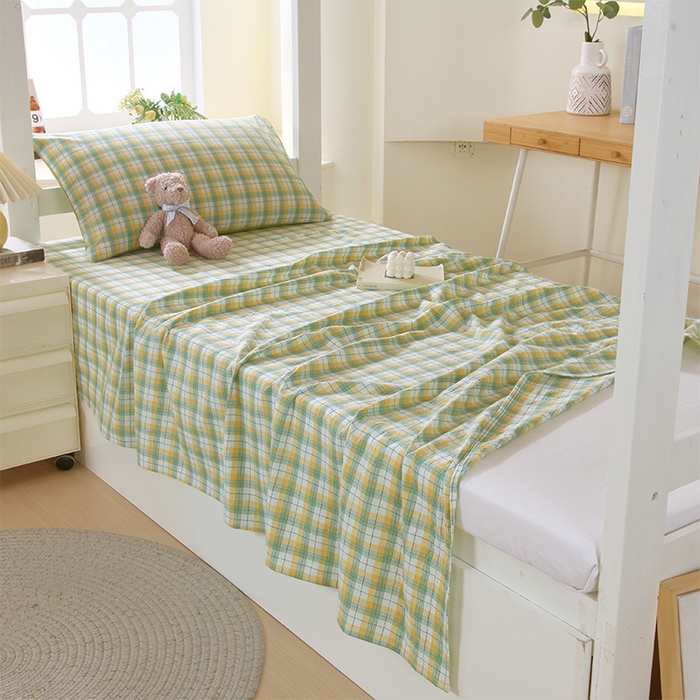 91家纺网 家纺一手货源 找家纺 春皖家纺 2025新款学生季全棉纯棉色织AB版水洗棉单品系列-单床单 床单单件 栗木-芒格