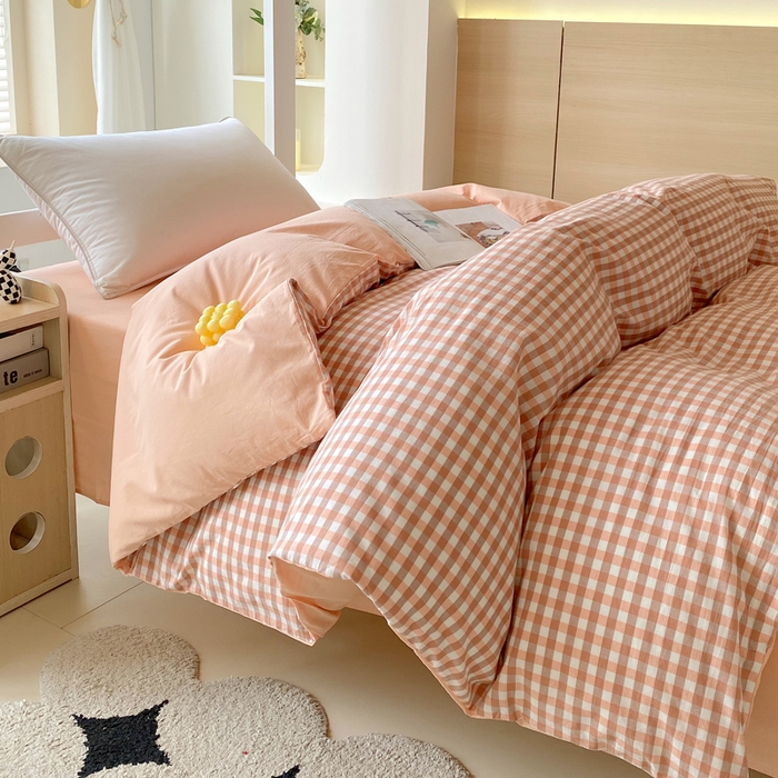 91家纺网 家纺一手货源 找家纺 春皖家纺 2025春夏新款AB版全棉纯棉色织水洗棉学生三件套六件套 素雅-玉格