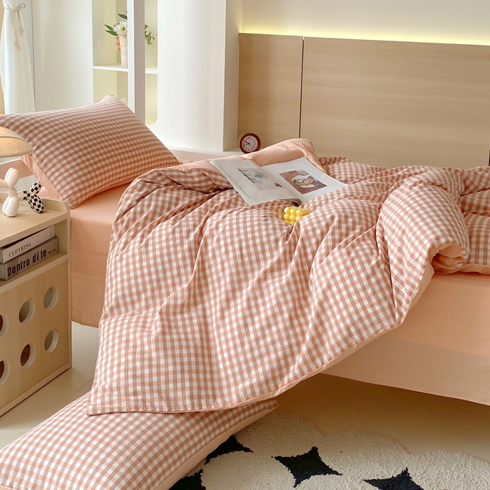 91家纺网 家纺一手货源 找家纺 春皖家纺 2025春夏新款AB版全棉纯棉色织水洗棉学生三件套六件套 素雅-玉格