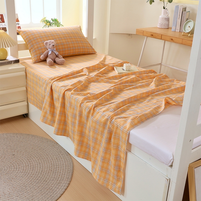 91家纺网 家纺一手货源 找家纺 春皖家纺 2025新款学生季全棉纯棉色织AB版水洗棉单品系列-单床单 床单单件 素雅-黄条