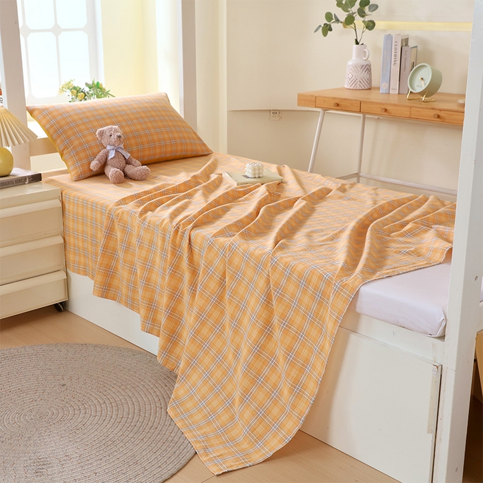 91家纺网 家纺一手货源 找家纺 春皖家纺 2025新款学生季全棉纯棉色织AB版水洗棉单品系列-单床单 床单单件 素雅-黄条