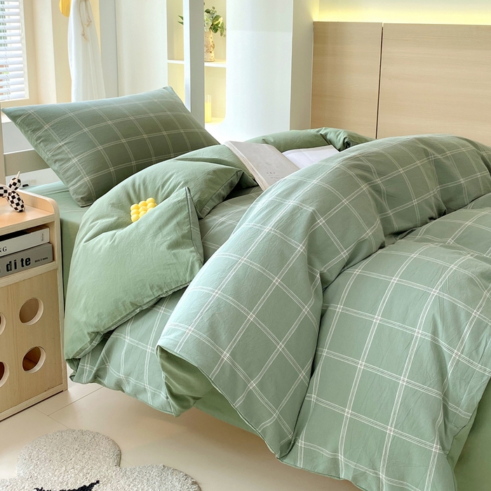 91家纺网 家纺一手货源 找家纺 春皖家纺 2025春夏新款AB版全棉纯棉色织水洗棉学生三件套六件套 素雅-韵绿