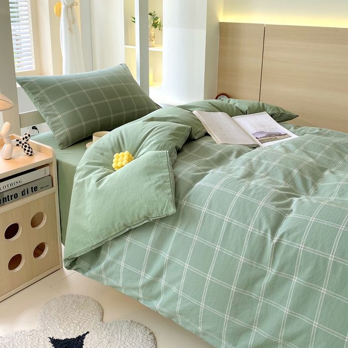 91家纺网 家纺一手货源 找家纺 春皖家纺 2025春夏新款AB版全棉纯棉色织水洗棉学生三件套六件套 素雅-韵绿