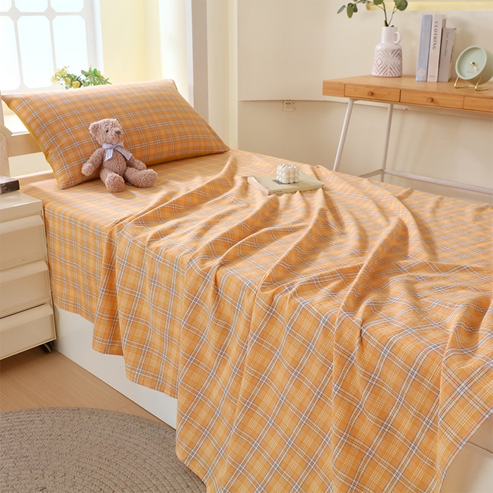 91家纺网 家纺一手货源 找家纺 春皖家纺 2025新款学生季全棉纯棉色织AB版水洗棉单品系列-单床单 床单单件 素雅-黄条