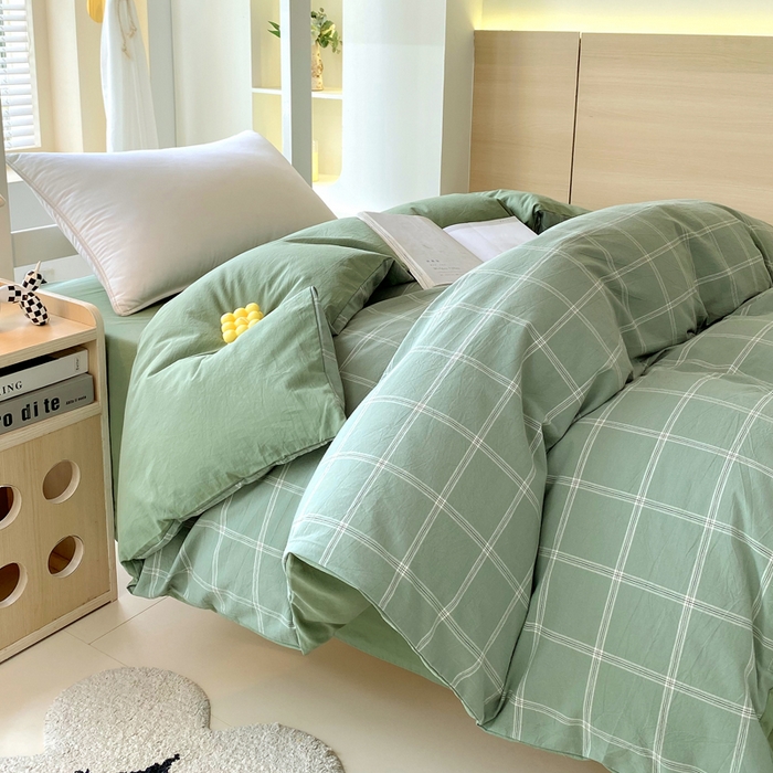 91家纺网 家纺一手货源 找家纺 春皖家纺 2025春夏新款AB版全棉纯棉色织水洗棉学生三件套六件套 素雅-韵绿