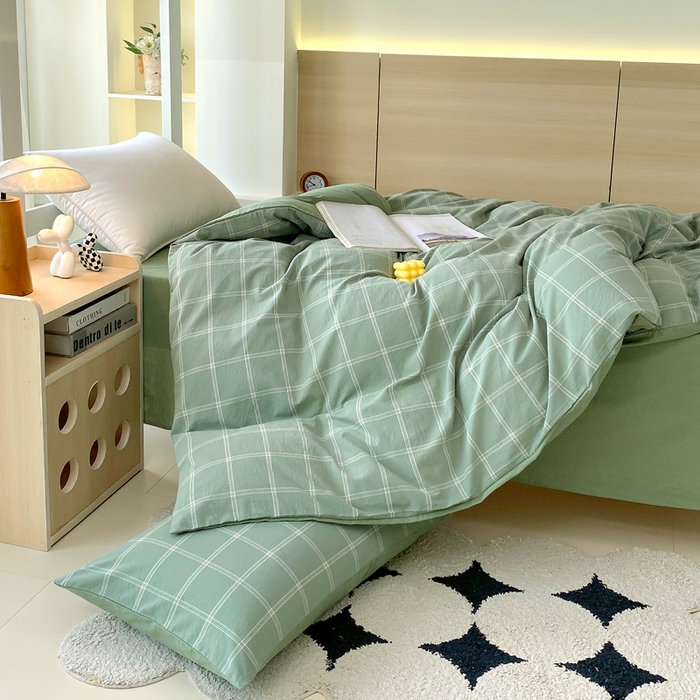 91家纺网 家纺一手货源 找家纺 春皖家纺 2025春夏新款AB版全棉纯棉色织水洗棉学生三件套六件套 素雅-韵绿