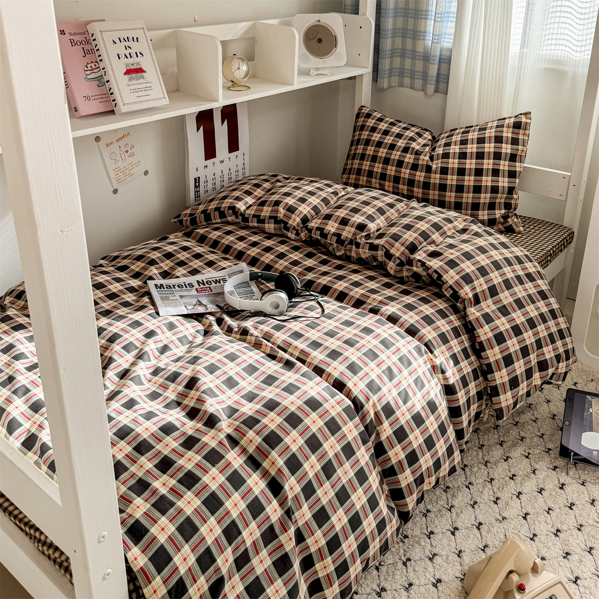 91家纺网 家纺一手货源 找家纺 多品家纺 2025新款水洗棉学生宿舍上下铺大礼包三件套六件套 柏林黑小格