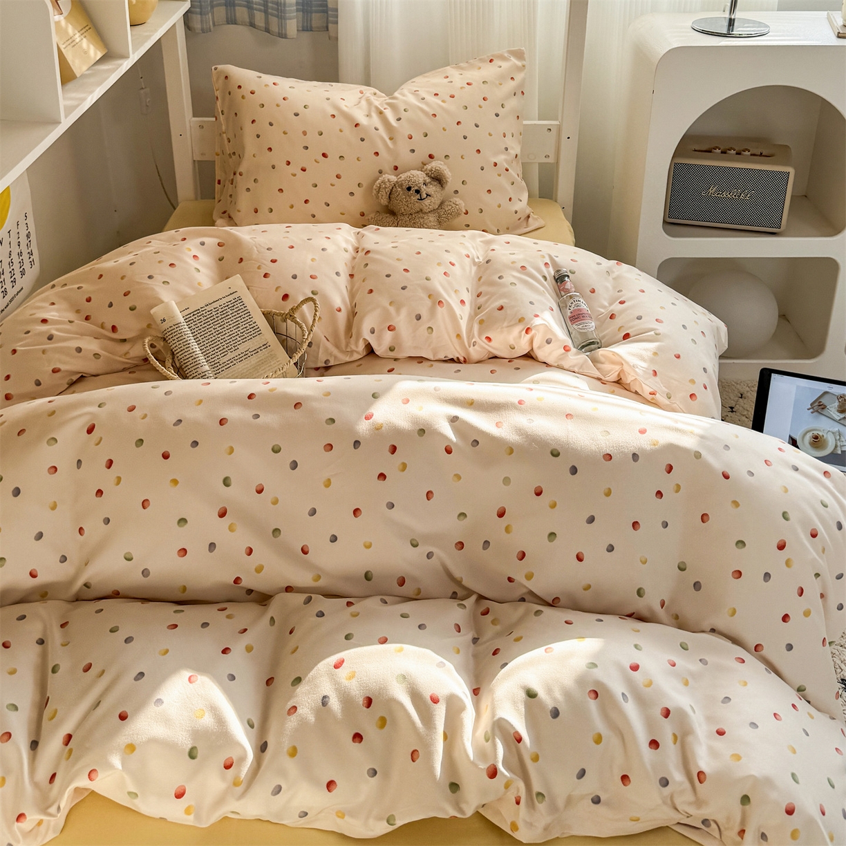 91家纺网 家纺一手货源 找家纺 多品家纺 2025新款水洗棉学生宿舍上下铺大礼包三件套六件套 波点彩虹