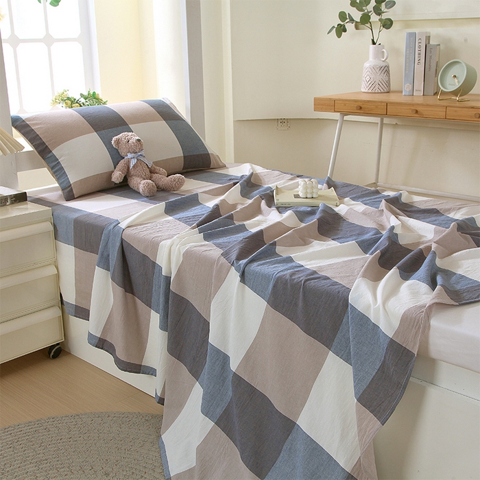 91家纺网 家纺一手货源 找家纺 春皖家纺 2025新款学生季全棉纯棉色织AB版水洗棉单品系列-单床单 床单单件 素雅-蓝大格