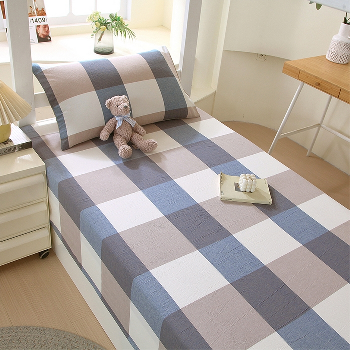 91家纺网 家纺一手货源 找家纺 春皖家纺 2025新款学生季全棉纯棉色织AB版水洗棉单品系列-单床单 床单单件 素雅-蓝大格