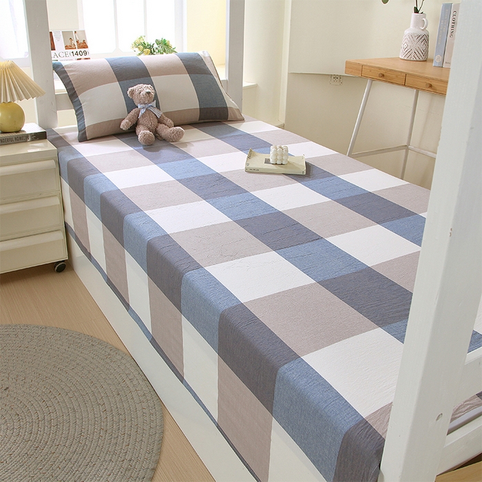 91家纺网 家纺一手货源 找家纺 春皖家纺 2025新款学生季全棉纯棉色织AB版水洗棉单品系列-单床单 床单单件 素雅-蓝大格