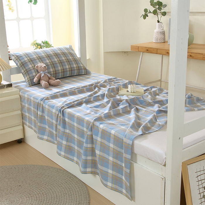 91家纺网 家纺一手货源 找家纺 春皖家纺 2025新款学生季全棉纯棉色织AB版水洗棉单品系列-单床单 床单单件 素雅-蓝格