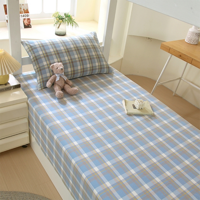 91家纺网 家纺一手货源 找家纺 春皖家纺 2025新款学生季全棉纯棉色织AB版水洗棉单品系列-单床单 床单单件 素雅-蓝格