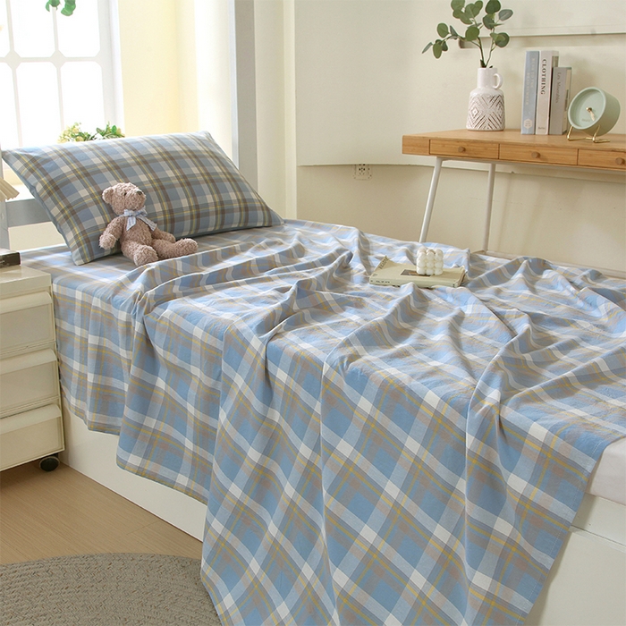 91家纺网 家纺一手货源 找家纺 春皖家纺 2025新款学生季全棉纯棉色织AB版水洗棉单品系列-单床单 床单单件 素雅-蓝格