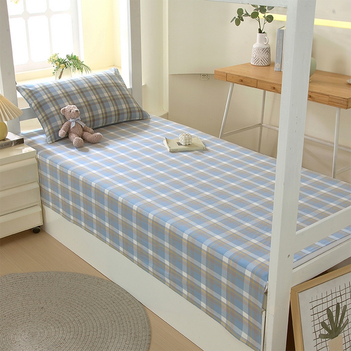 91家纺网 家纺一手货源 找家纺 春皖家纺 2025新款学生季全棉纯棉色织AB版水洗棉单品系列-单床单 床单单件 素雅-蓝格