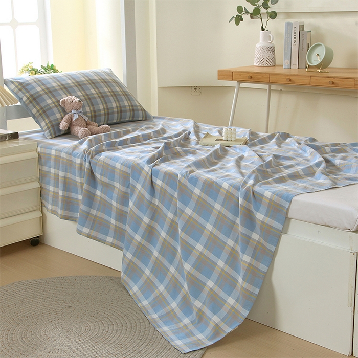 91家纺网 家纺一手货源 找家纺 春皖家纺 2025新款学生季全棉纯棉色织AB版水洗棉单品系列-单床单 床单单件 素雅-蓝格