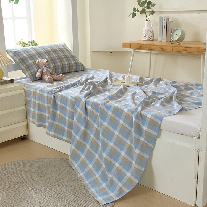 91家纺网 家纺一手货源 找家纺 春皖家纺 2025新款学生季全棉纯棉色织AB版水洗棉单品系列-单床单 床单单件 素雅-蓝格