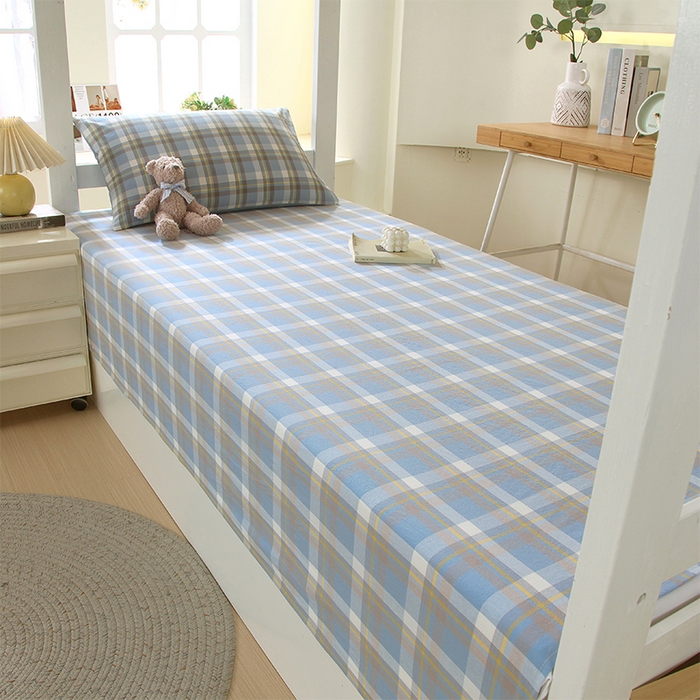 91家纺网 家纺一手货源 找家纺 春皖家纺 2025新款学生季全棉纯棉色织AB版水洗棉单品系列-单床单 床单单件 素雅-蓝格