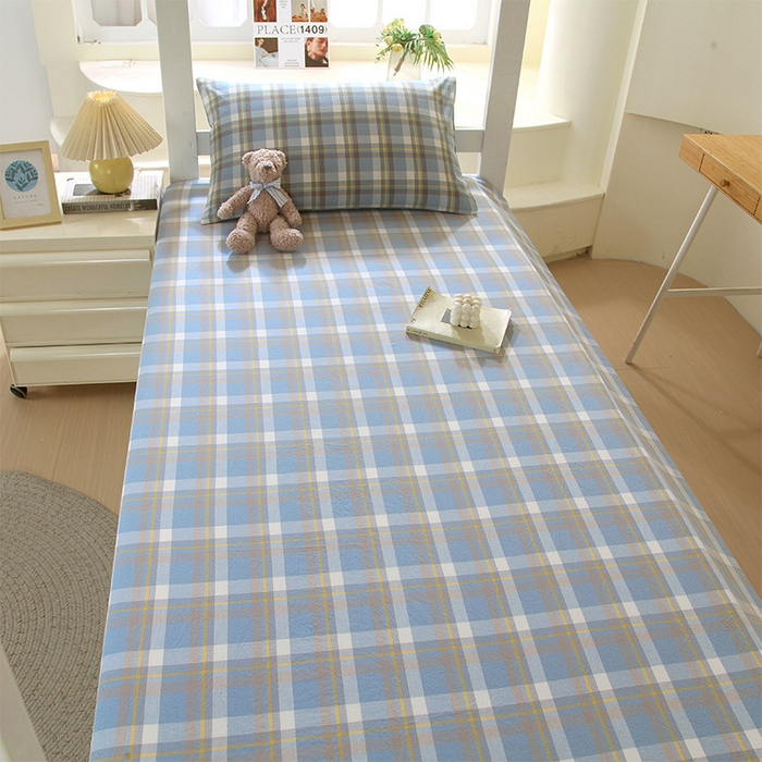 91家纺网 家纺一手货源 找家纺 春皖家纺 2025新款学生季全棉纯棉色织AB版水洗棉单品系列-单床单 床单单件 素雅-蓝格