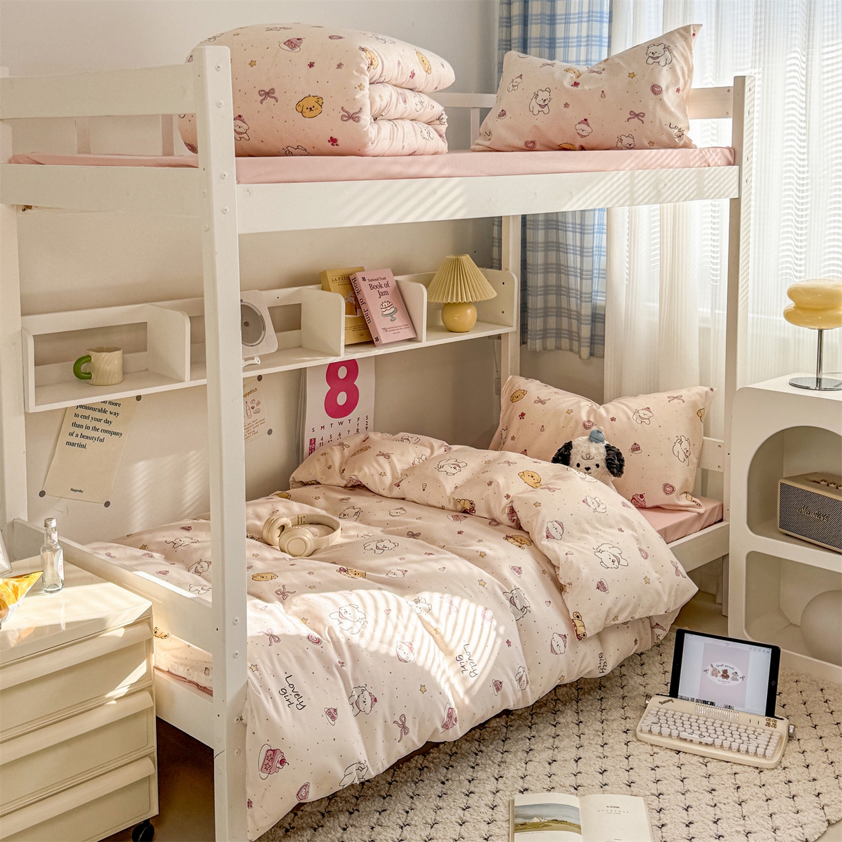 91家纺网 家纺一手货源 找家纺 多品家纺 2025新款水洗棉学生宿舍上下铺大礼包三件套六件套 蛋糕狗