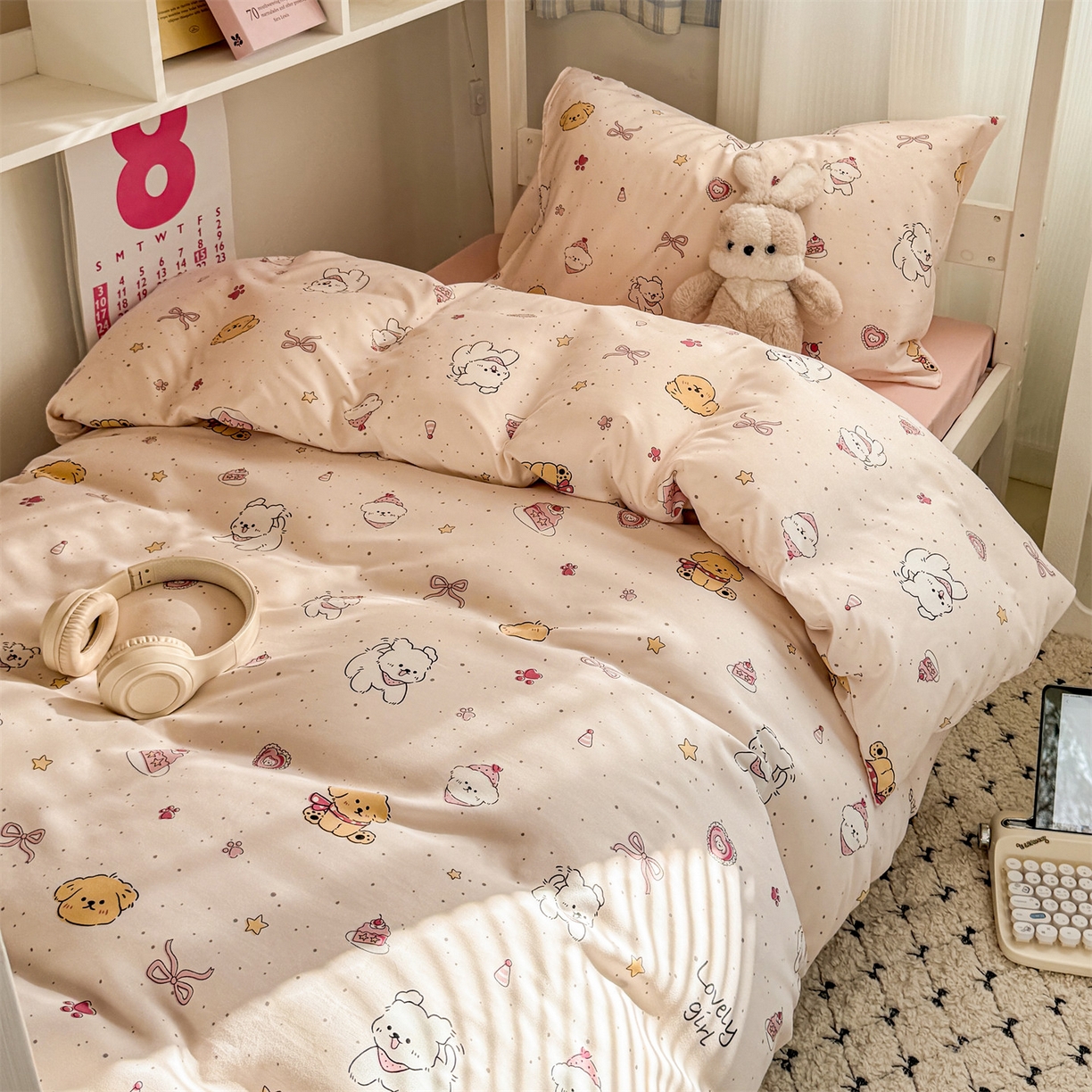 91家纺网 家纺一手货源 找家纺 多品家纺 2025新款水洗棉学生宿舍上下铺大礼包三件套六件套 蛋糕狗