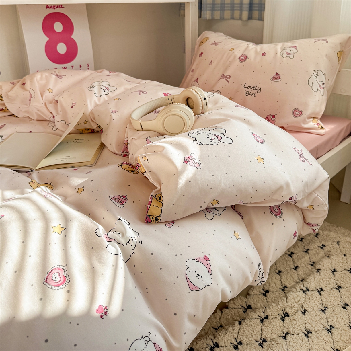 91家纺网 家纺一手货源 找家纺 多品家纺 2025新款水洗棉学生宿舍上下铺大礼包三件套六件套 蛋糕狗