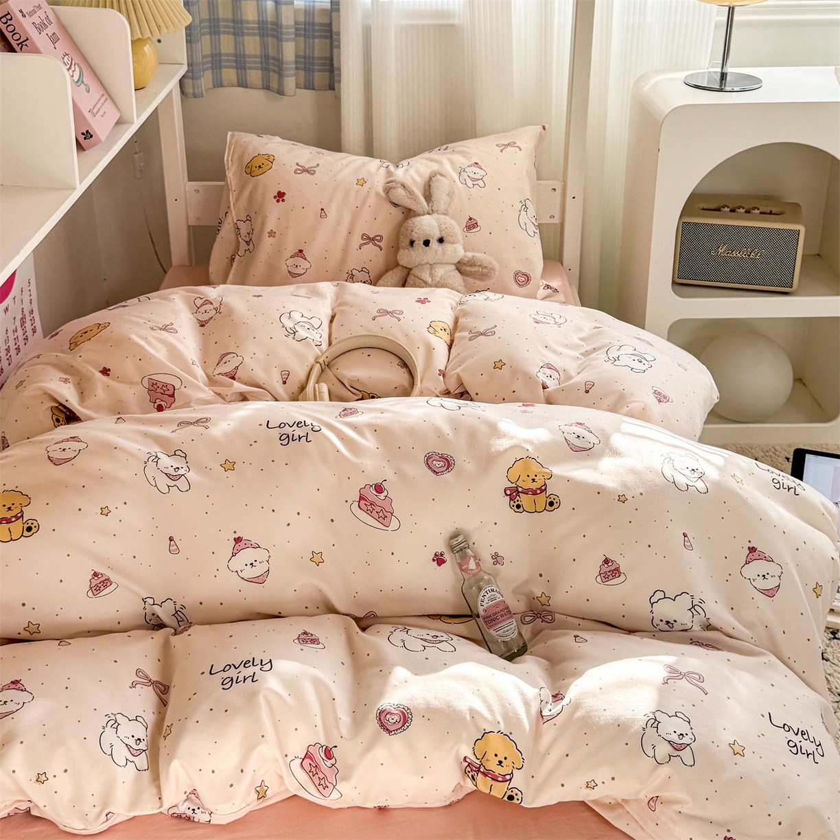 91家纺网 家纺一手货源 找家纺 多品家纺 2025新款水洗棉学生宿舍上下铺大礼包三件套六件套 蛋糕狗