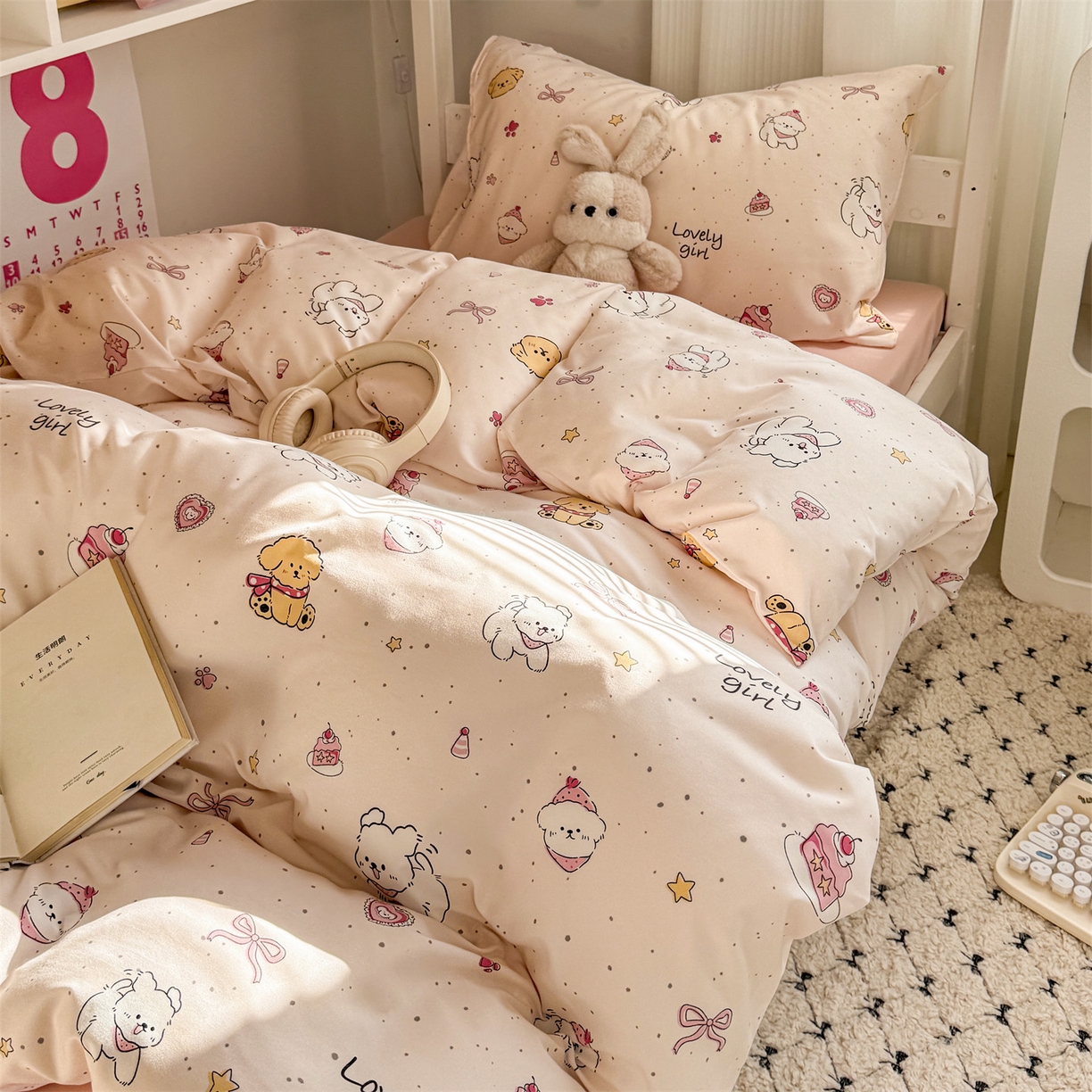 91家纺网 家纺一手货源 找家纺 多品家纺 2025新款水洗棉学生宿舍上下铺大礼包三件套六件套 蛋糕狗