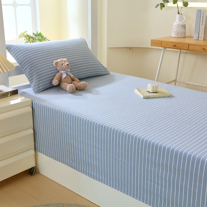 91家纺网 家纺一手货源 找家纺 春皖家纺 2025新款学生季全棉纯棉色织AB版水洗棉单品系列-单床单 床单单件 素雅-蓝条