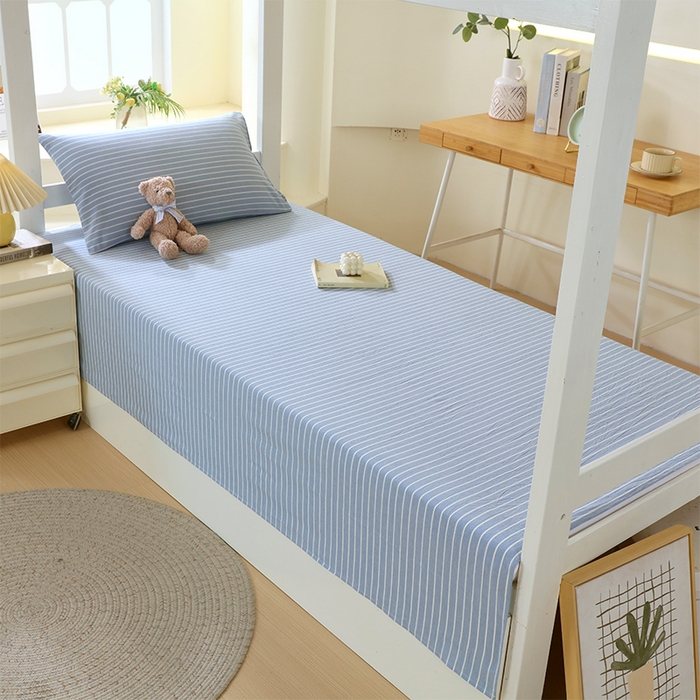 91家纺网 家纺一手货源 找家纺 春皖家纺 2025新款学生季全棉纯棉色织AB版水洗棉单品系列-单床单 床单单件 素雅-蓝条