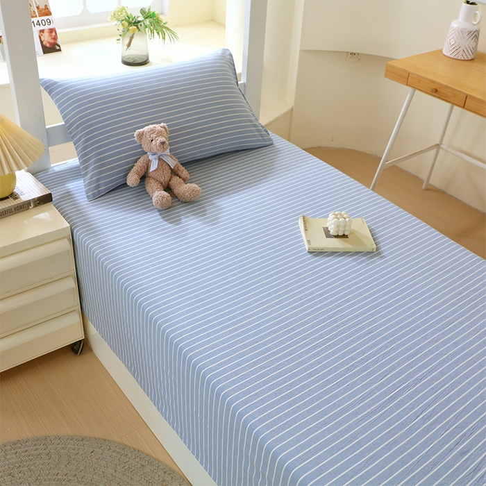 91家纺网 家纺一手货源 找家纺 春皖家纺 2025新款学生季全棉纯棉色织AB版水洗棉单品系列-单床单 床单单件 素雅-蓝条